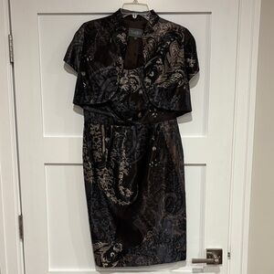 Theia Black and Brown Floral Midi Dress with Jacket